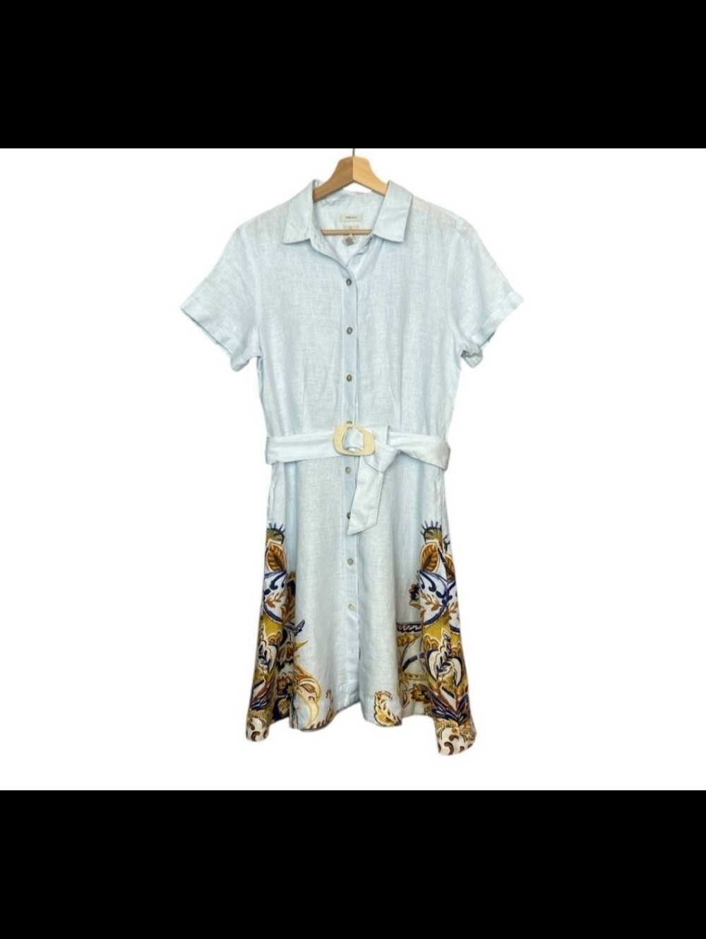 Joie Light Blue Button-Front Midi Dress with Gold Accent Print